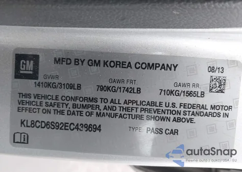 2014 Chevrolet Spark 1Lt Auto z USA, uszkodzony, nr VIN KL8CD6S92EC438694